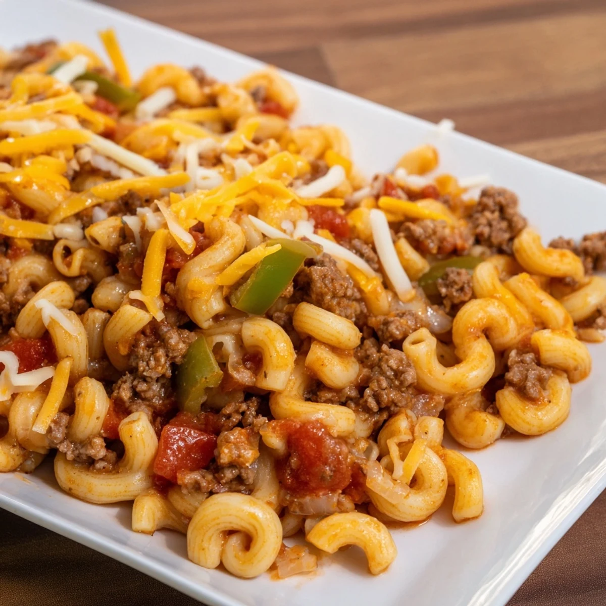 Golden, bubbly Hamburger Casserole topped with melted cheese, a comforting family favorite.