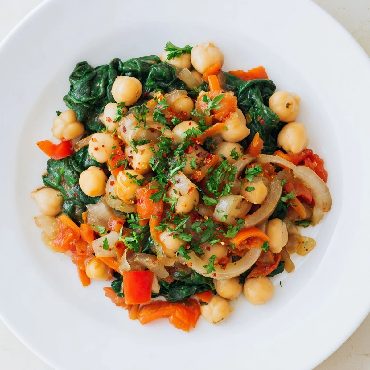 Sizzling Vegetarian Chickpea & Spinach Skillet topped with parsley, ready for a delicious, healthy meal.