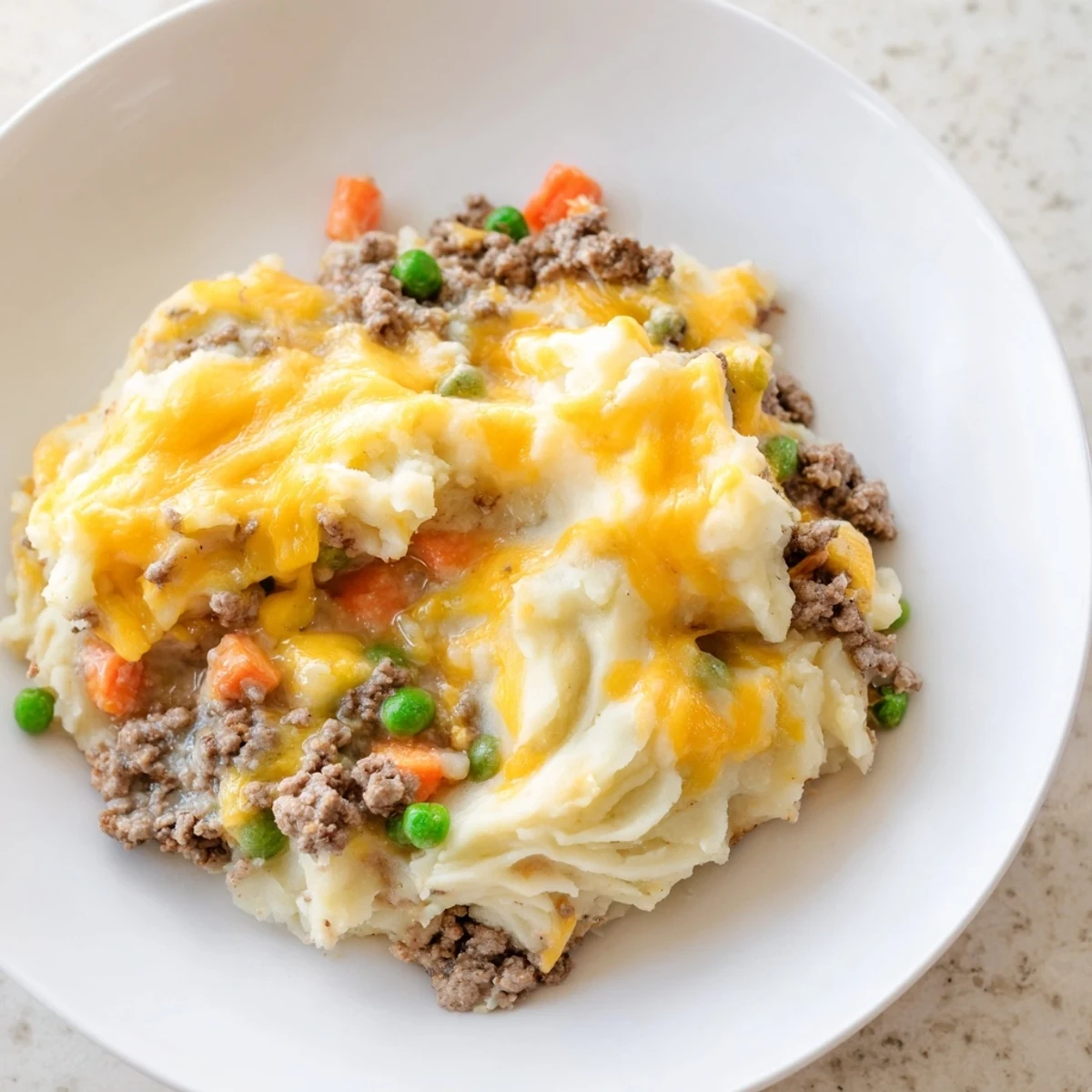 Golden-brown Budget Shepherds Pie with a bubbly beef filling and cheesy potato topping, ready to serve.