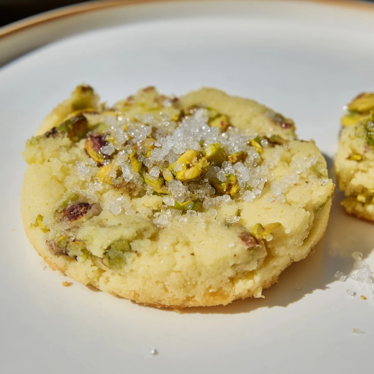 A close-up of a batch of buttery Salted Pistachio Shortbread cookies, showing crunchy pistachios.