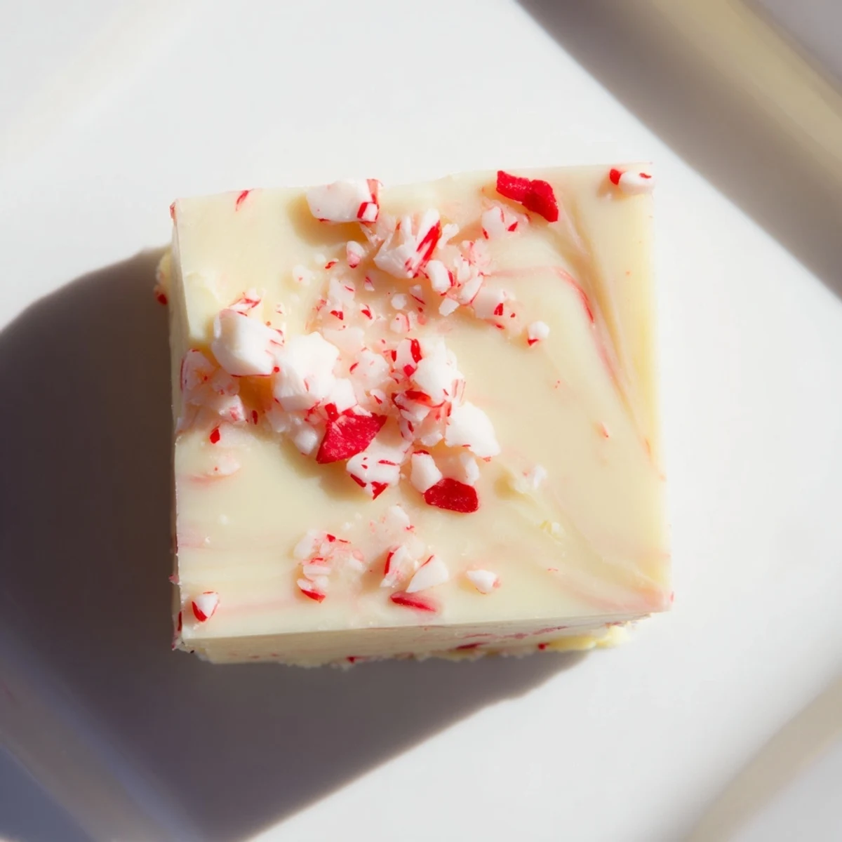 Irresistible square of White Chocolate Peppermint Bark Fudge with crushed candy canes, ready to enjoy.