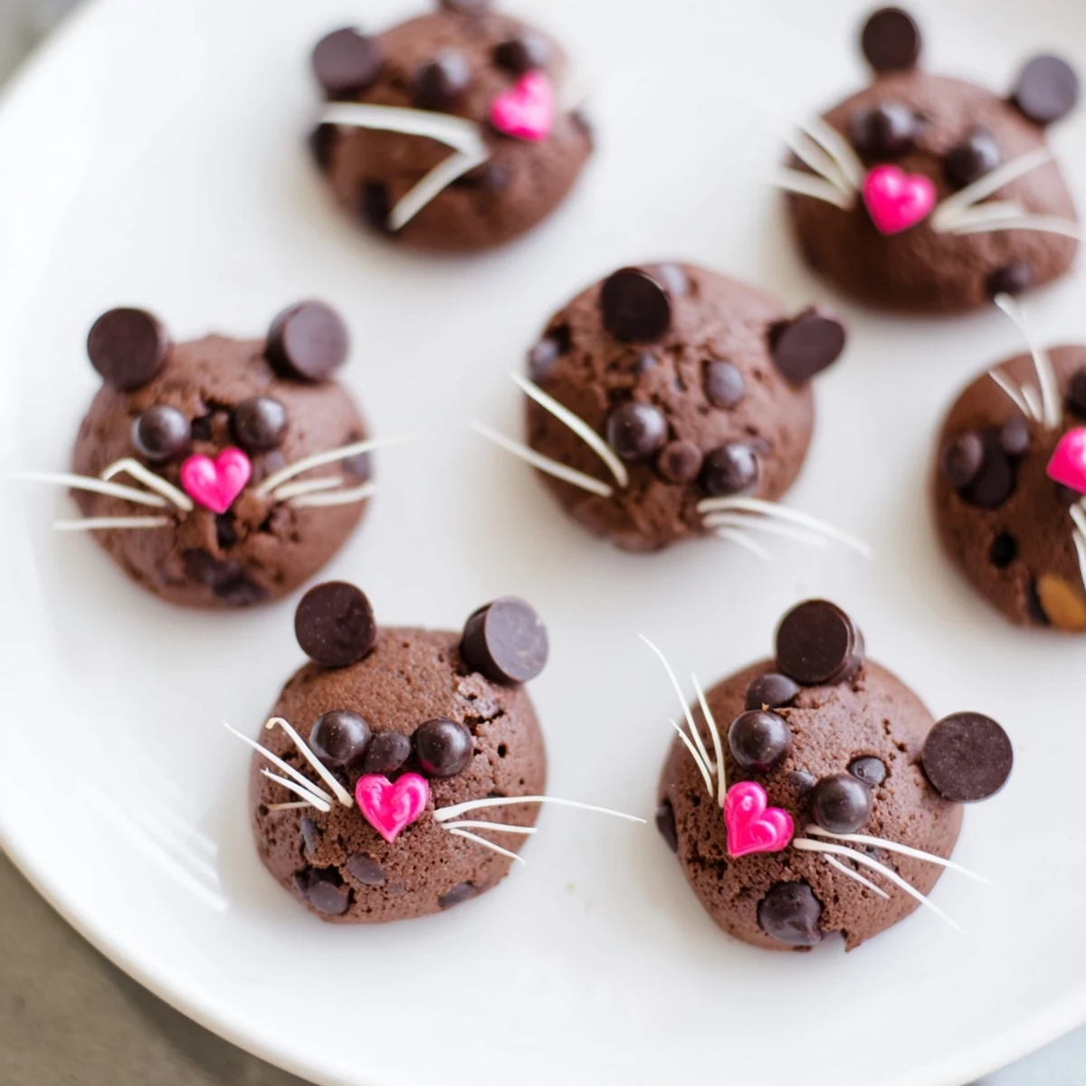 Fudgy, rich Silly Rat Cake Brownie Bites, decorated to look like adorable, playful chocolate rats!