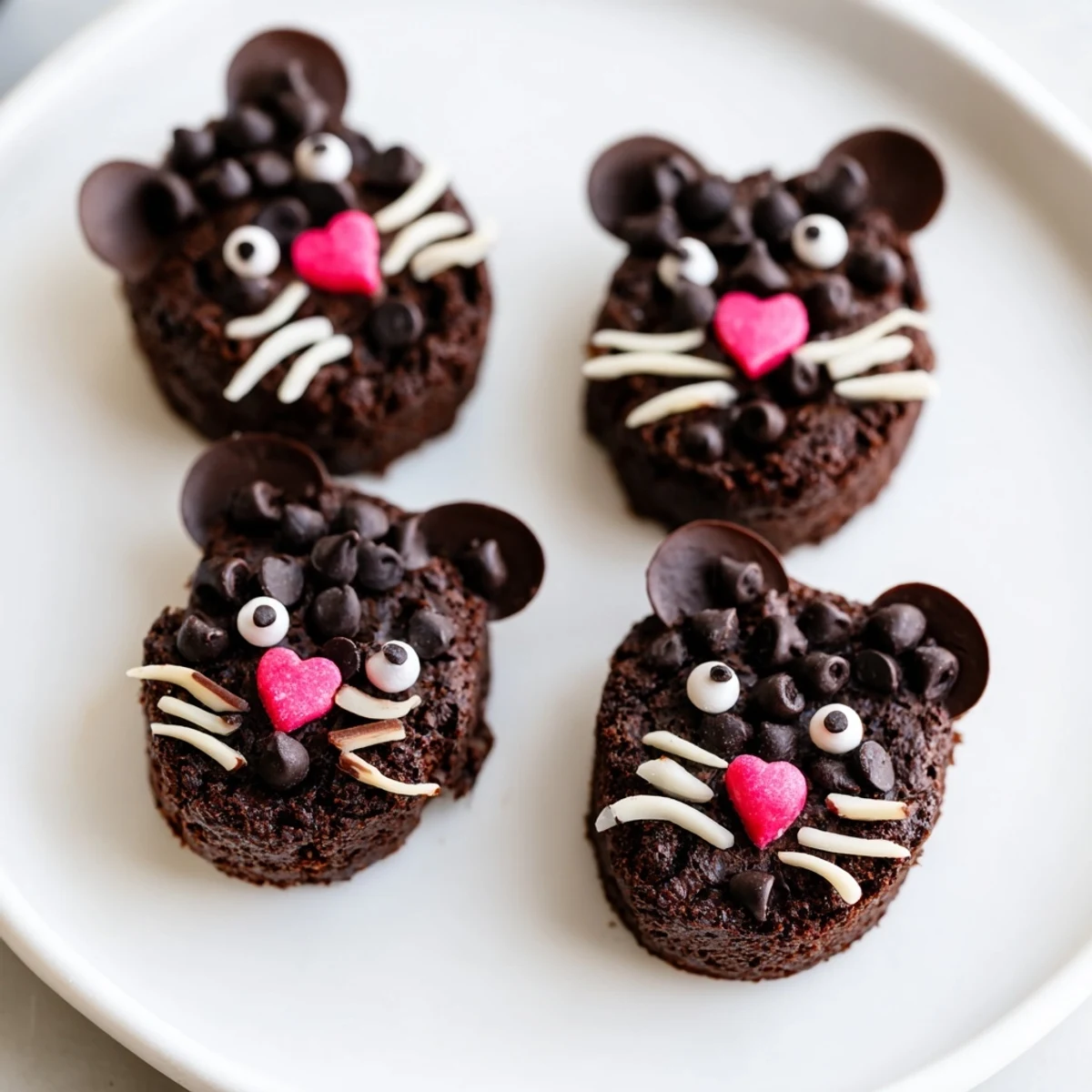 Close-up of cute Silly Rat Cake Brownie Bites: small chocolate treats with almond ears and licorice tails.