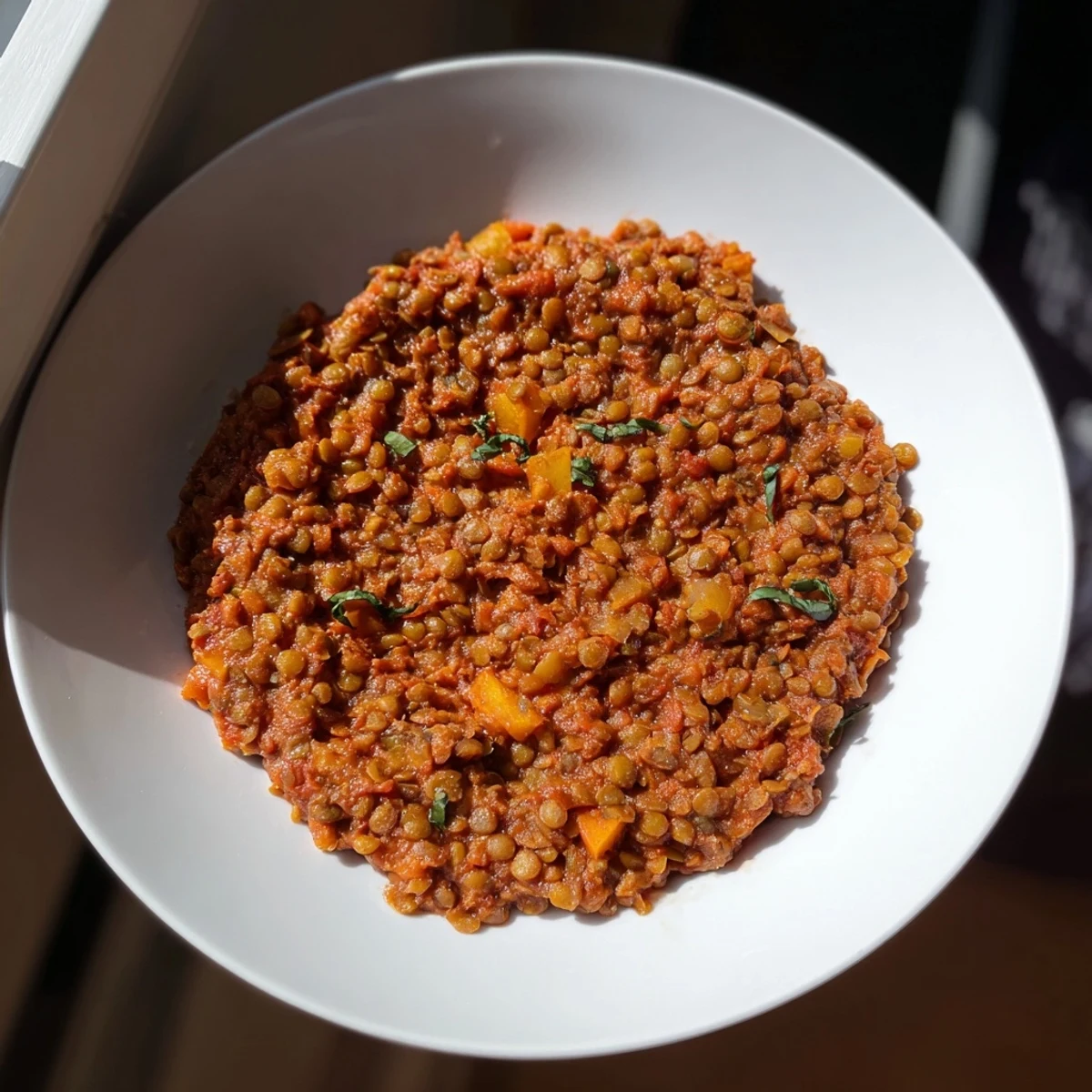 Creamy tomato basil lentil bolognese, rich in color and flavor, served over spaghetti with fresh basil.