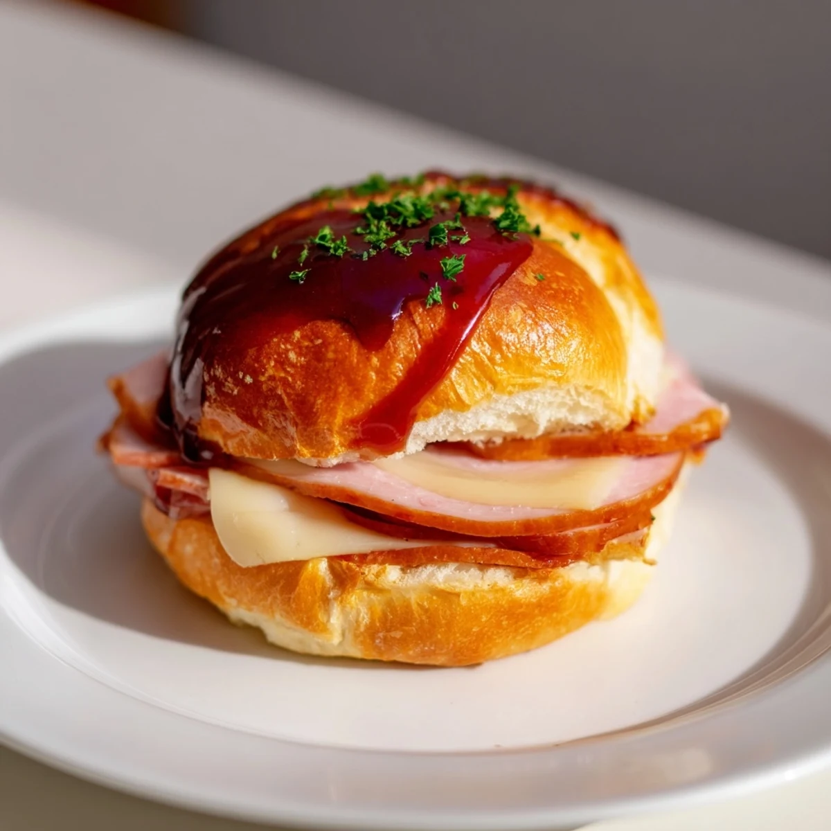 Close-up of a Cherry-Glazed Ham and Cheese Slider, showcasing melty cheese, savory ham, and glazed bun.