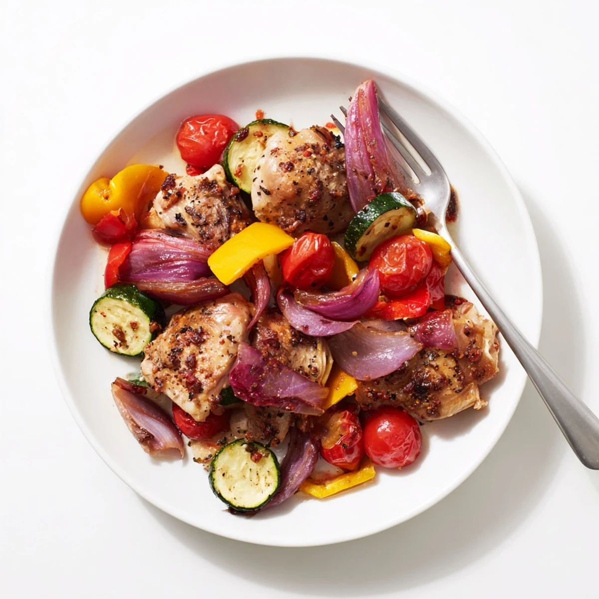 Vibrant sheet pan chicken shawarma with colorful peppers and tomatoes, ready to be served on warm pita.