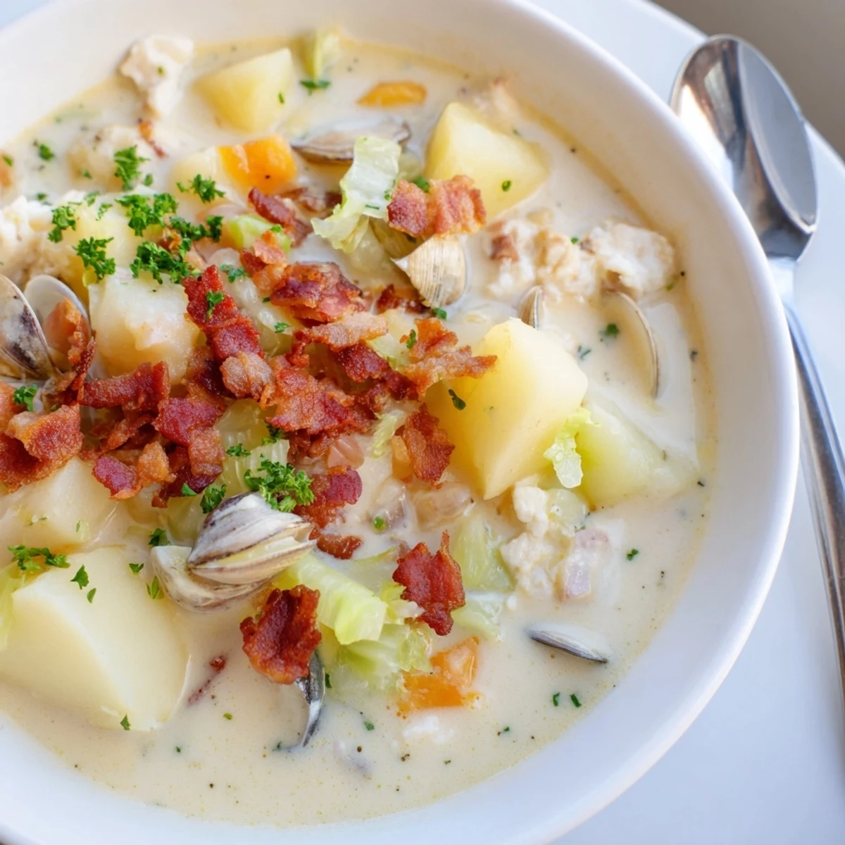 Creamy, steaming bowl of New England Clam Chowder with bacon, ready to be enjoyed.