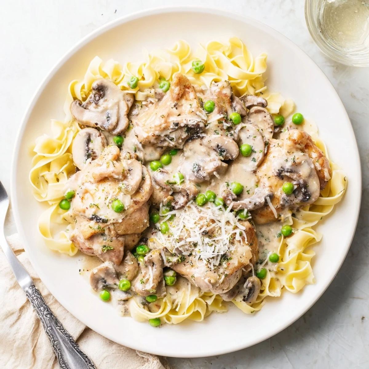 Tender chicken breasts smothered in a slow-cooker Creamy Chicken Alfredo, topped with Parmesan cheese.