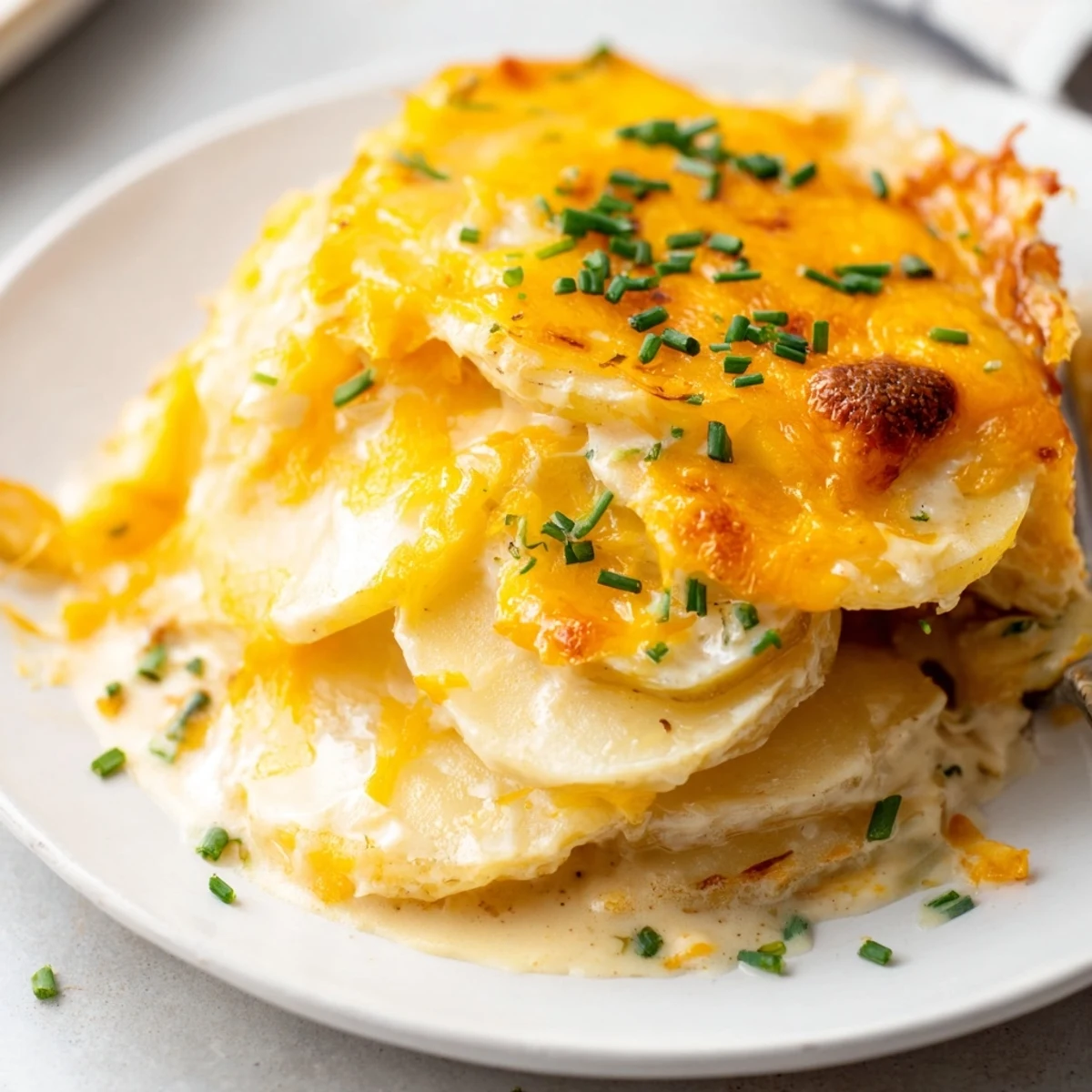 Steam rising from a casserole dish of cheesy scalloped potatoes, ready to be served hot and delicious.