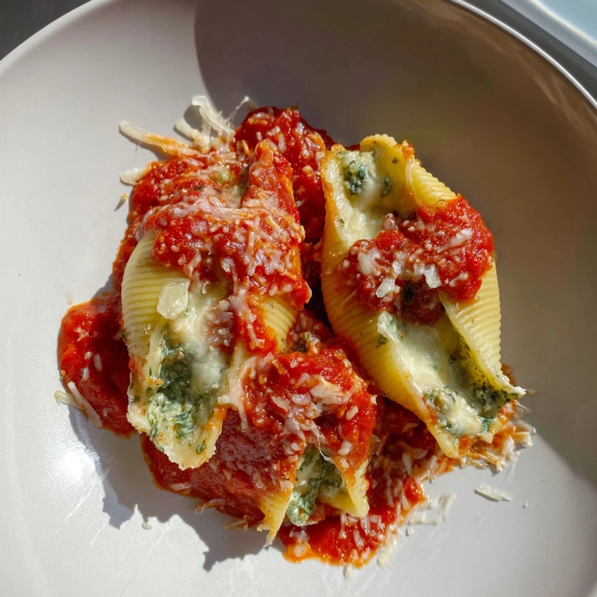 Delicious Pesto and Ricotta Stuffed Shells, a vegetarian Italian comfort meal baked with bubbly cheese and sauce.