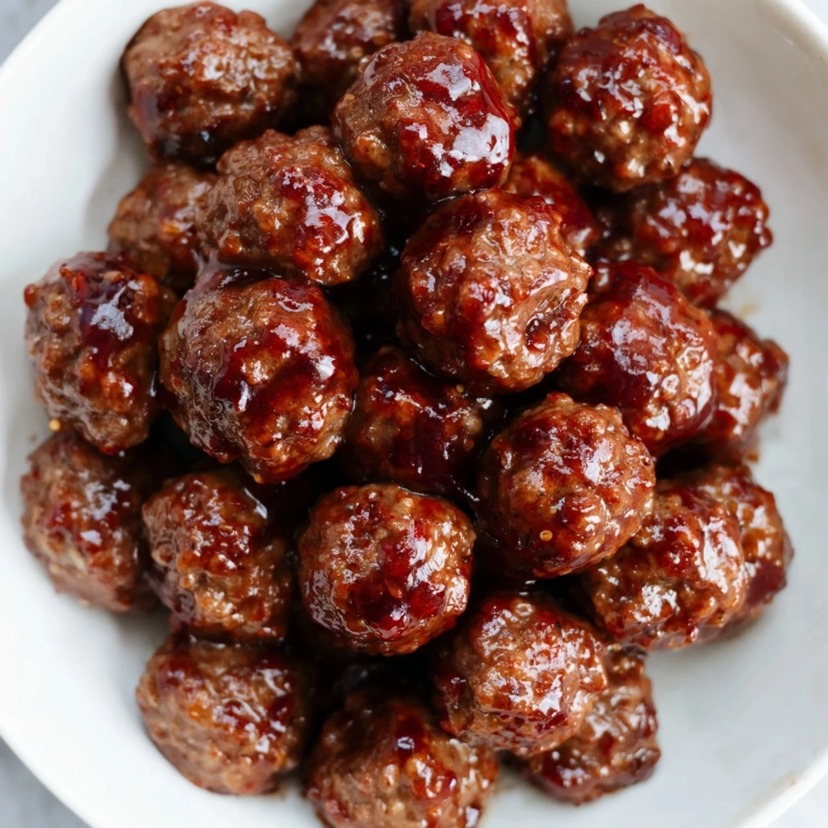 Tender, savory cherry-glazed meatballs glistening with a sweet, vibrant sauce, perfect appetizer.