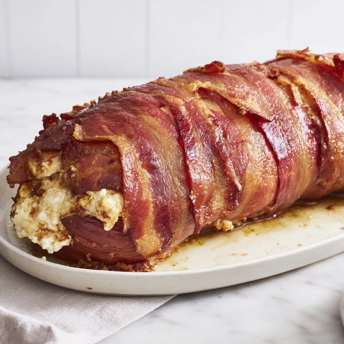 Golden-brown bacon-wrapped dates stuffed with goat cheese, perfect for sharing at your next party.