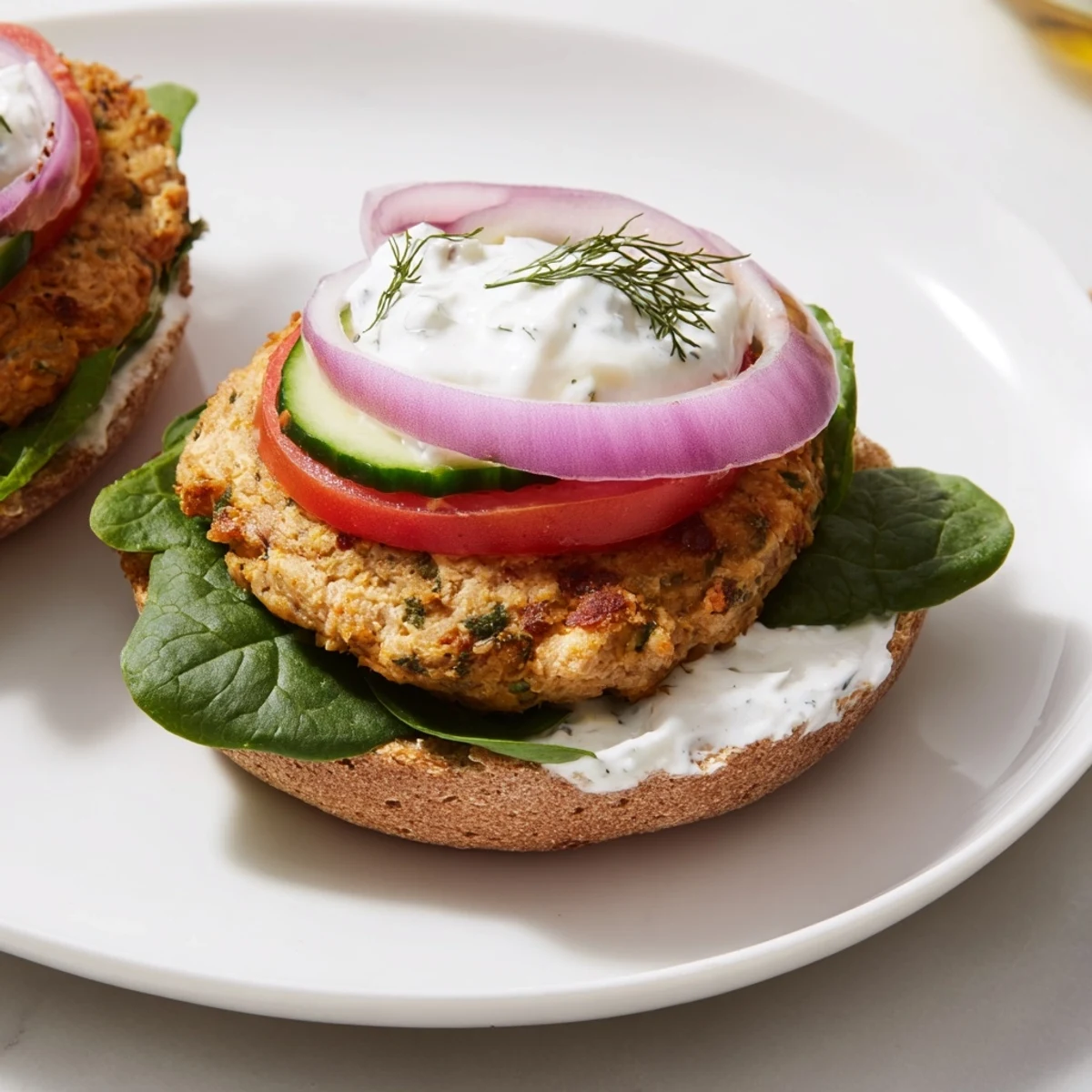 Golden-brown Healthy Baked Chicken Sliders on whole wheat buns, filled with fresh vegetables and creamy sauce.