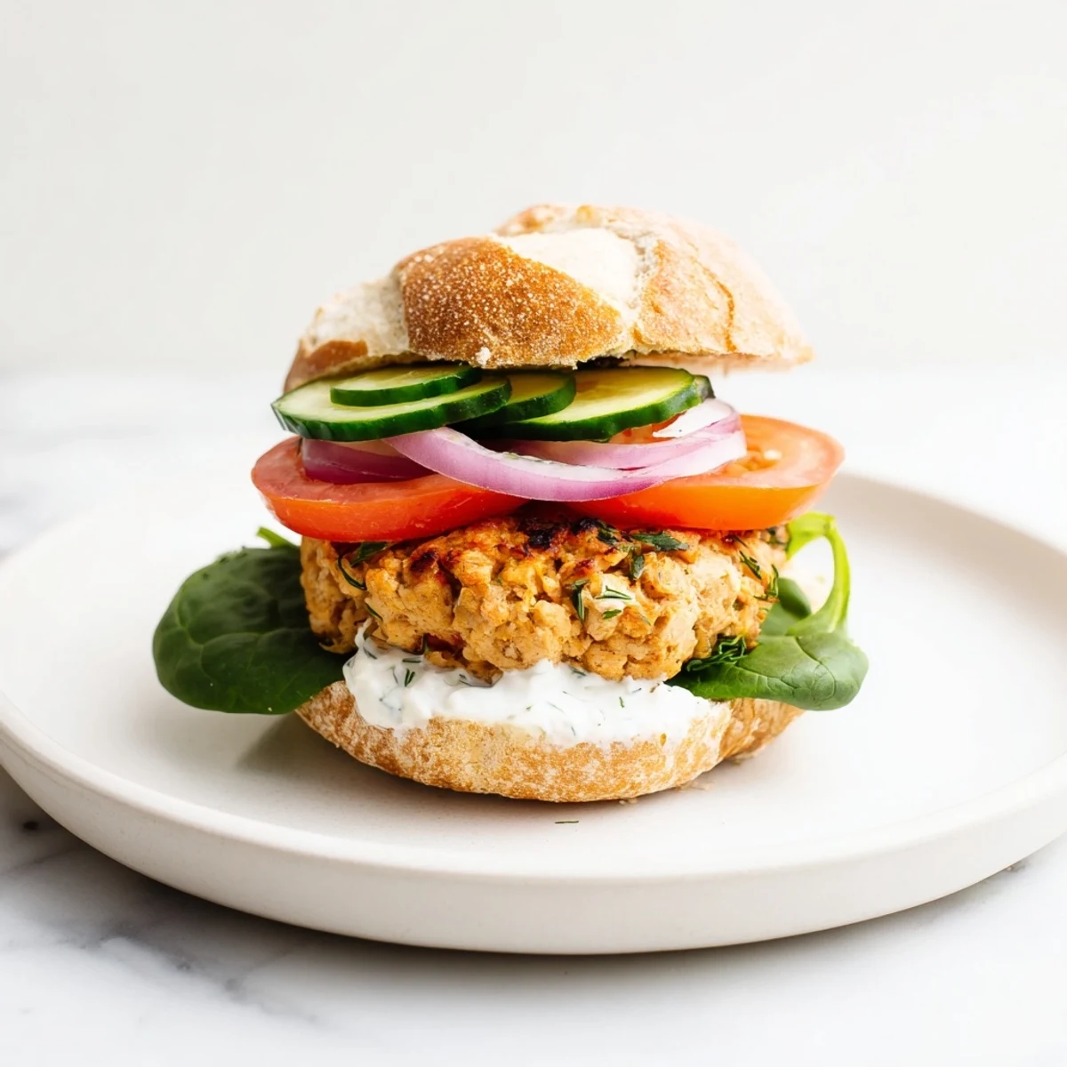 Close-up of juicy, baked Healthy Chicken Sliders, stacked high with fresh toppings and a side of greens.