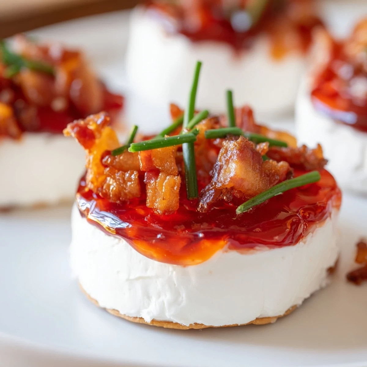 Creamy cheese topped with sweet and spicy bacon pepper jelly, ready to serve with crackers.