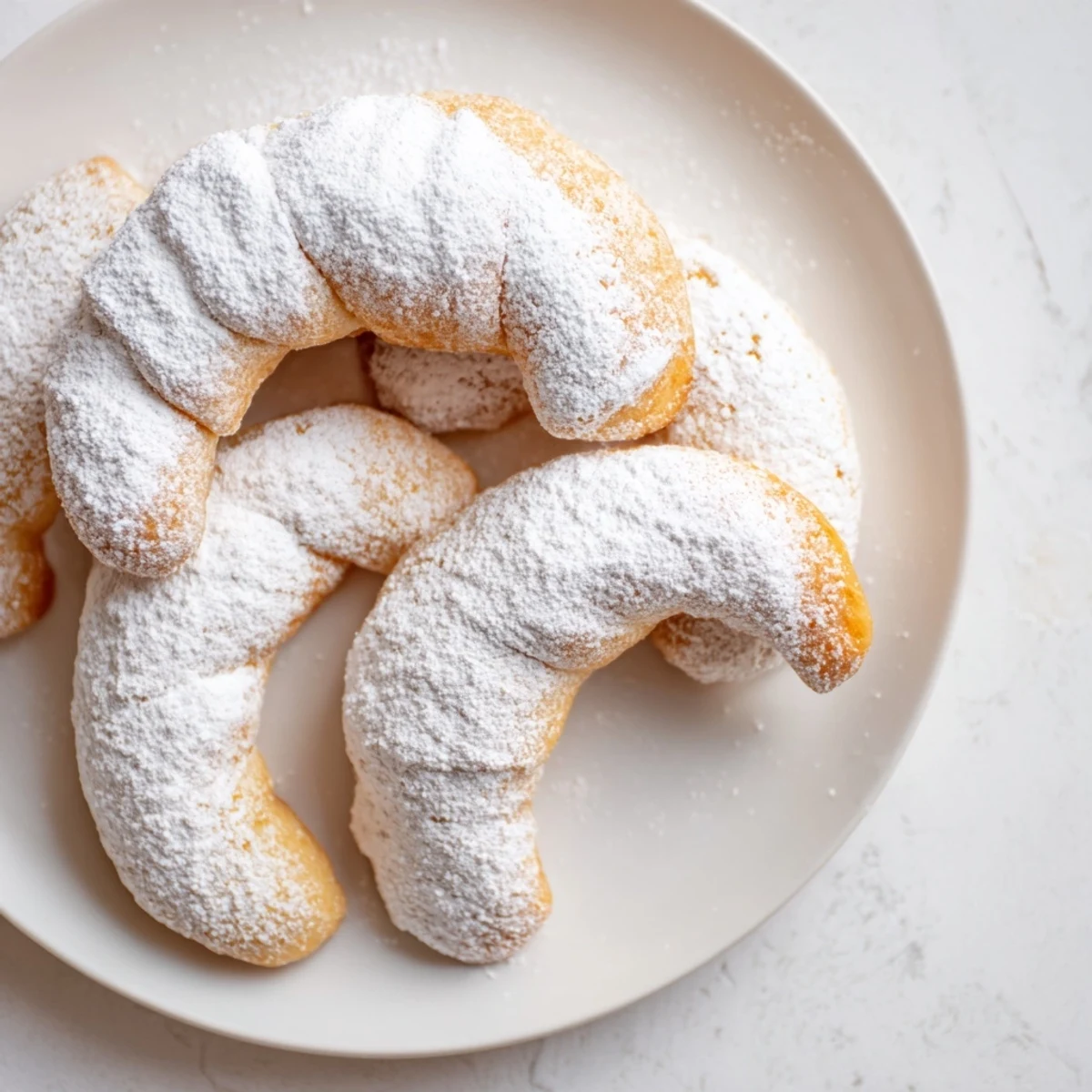 Golden Quick Christmas Cookie Croissants dusted with powdered sugar, perfect holiday treats to enjoy.