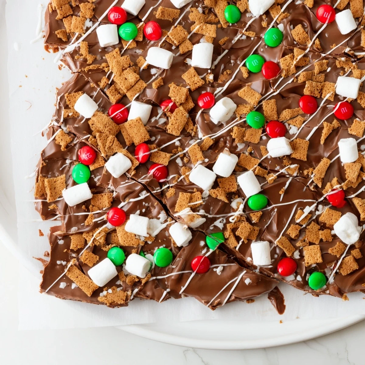 Quick Christmas Smores Bark, studded with colorful candies and melty marshmallows, ready to enjoy.