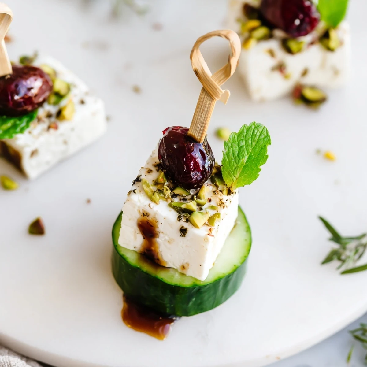 Holiday Cranberry-Feta Skewers drizzled with honey, showing vibrant colors and fresh herbs, perfect for a party.