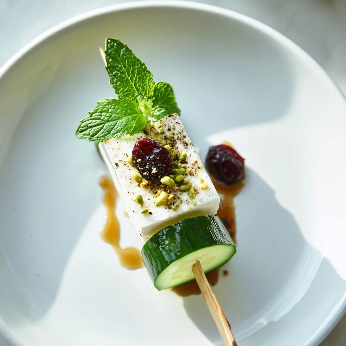 A close-up of delectable Holiday Cranberry-Feta Skewers, boasting feta, cranberries, and fresh mint, ready to enjoy.