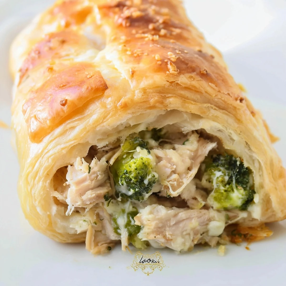 Golden, flaky Creamy Chicken and Broccoli Puff Pastry Rolls, freshly baked and ready to eat.
