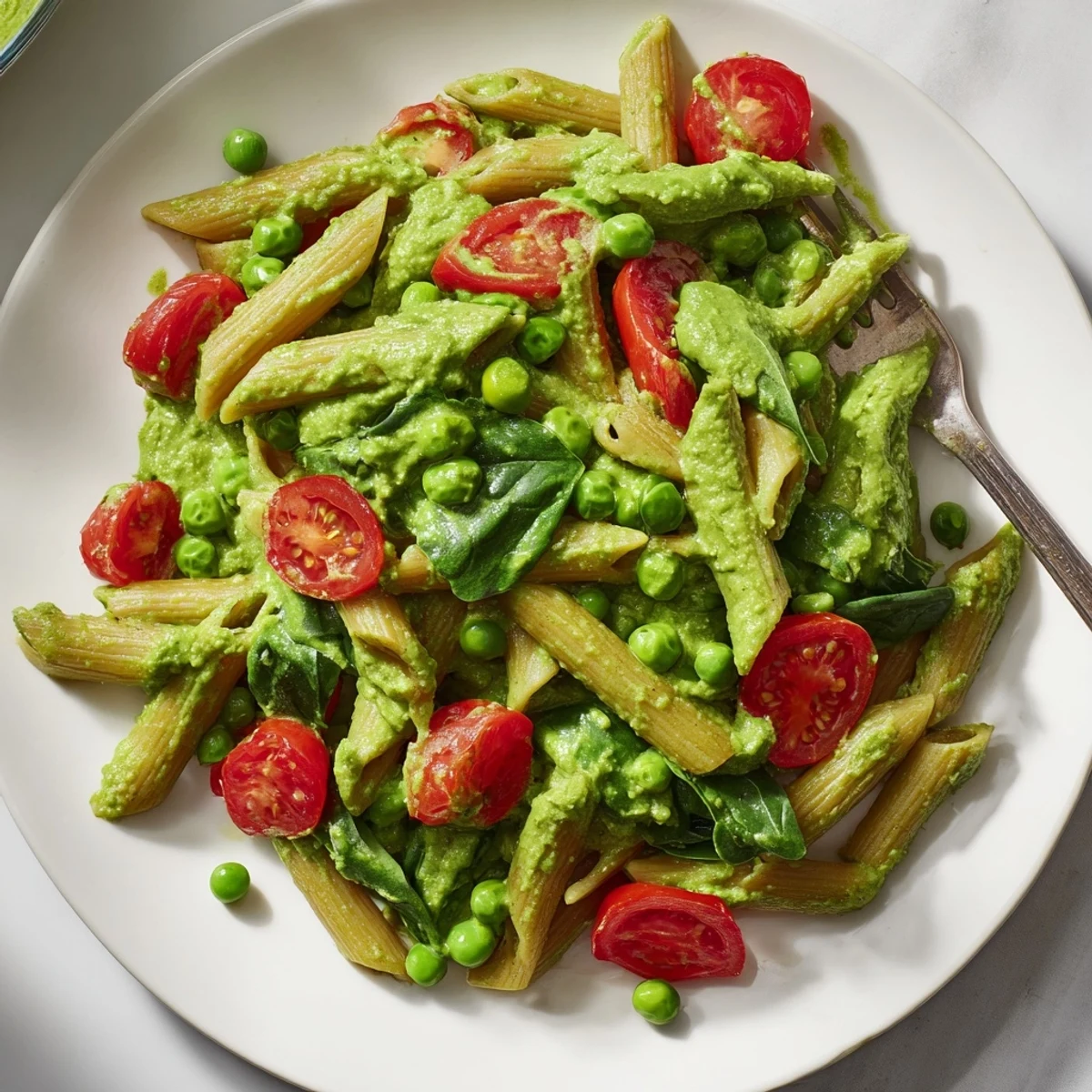 One-Pot Creamy Pesto Pea Protein Pasta: a steaming plate of pasta with bright tomatoes, and pesto swirls.
