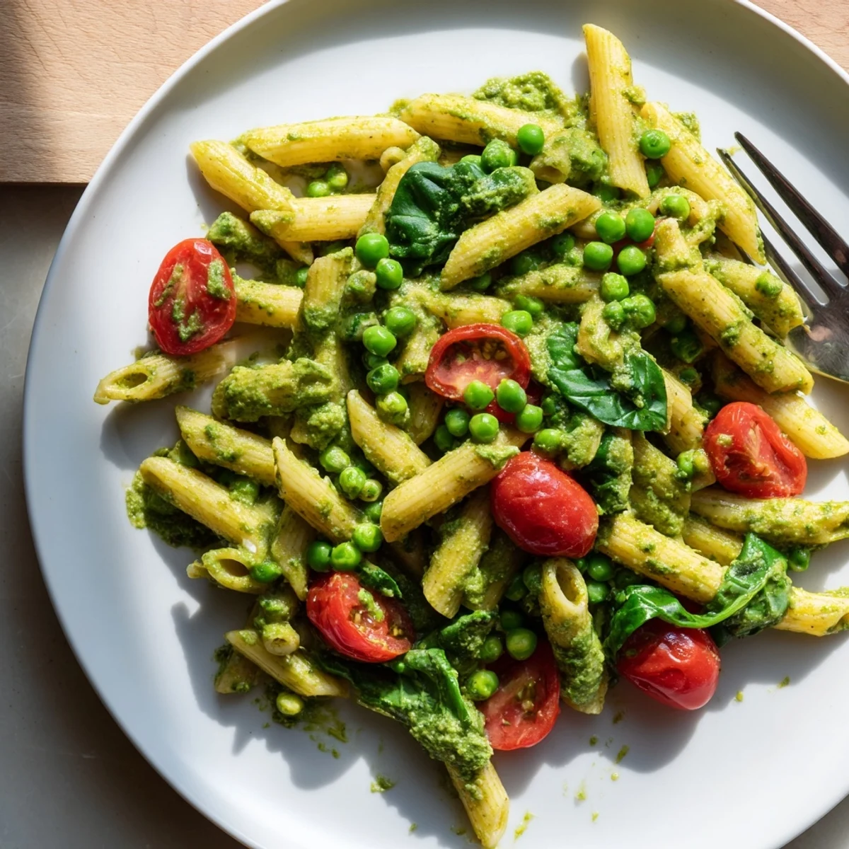 Enjoy the delicious, vibrant colors of One-Pot Creamy Pesto Pea Protein Pasta; perfect for a quick dinner.