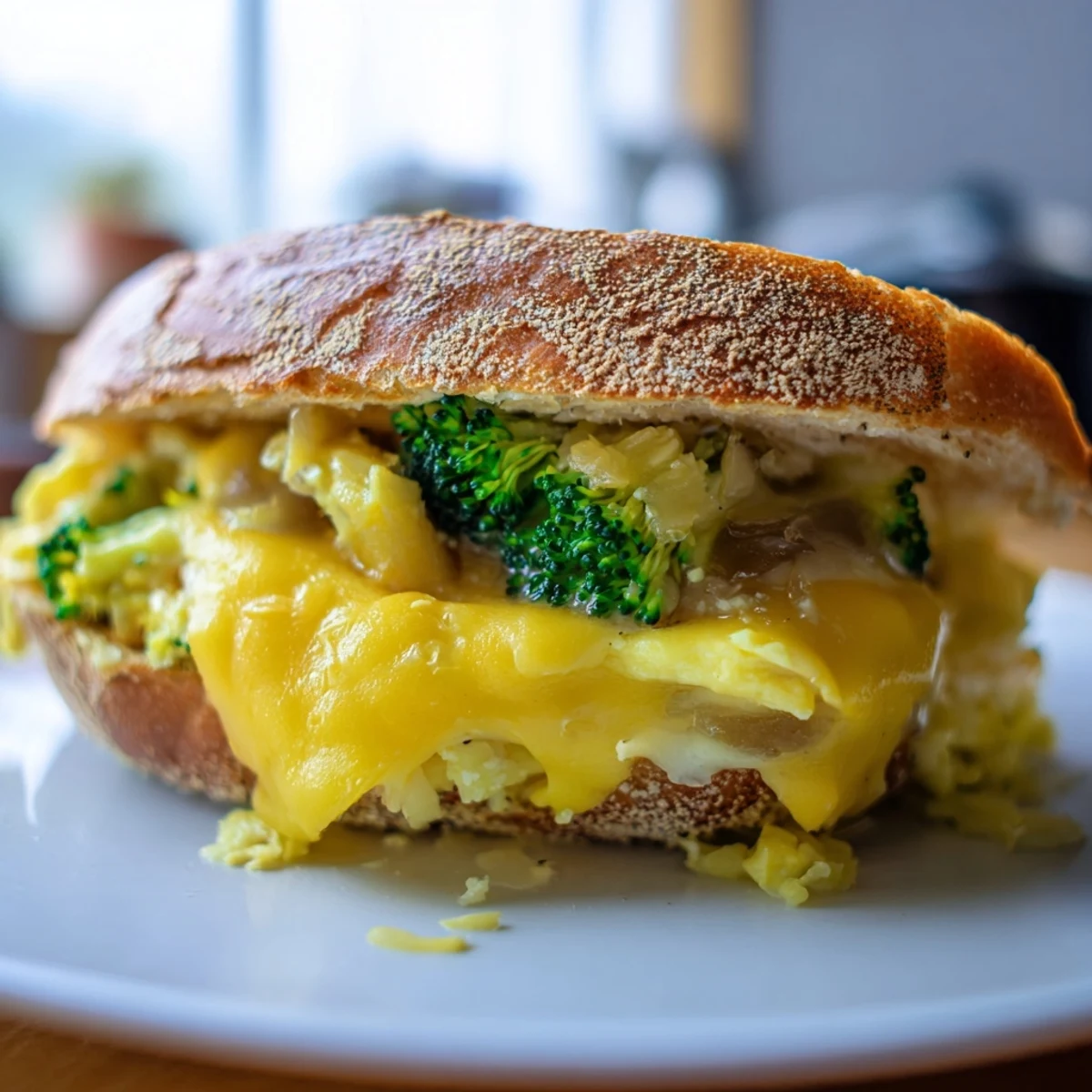 A close-up of a deliciously cheesy Air Fryer Broccoli Cheddar Stuffed Grilled Cheese, ready for a savory bite.