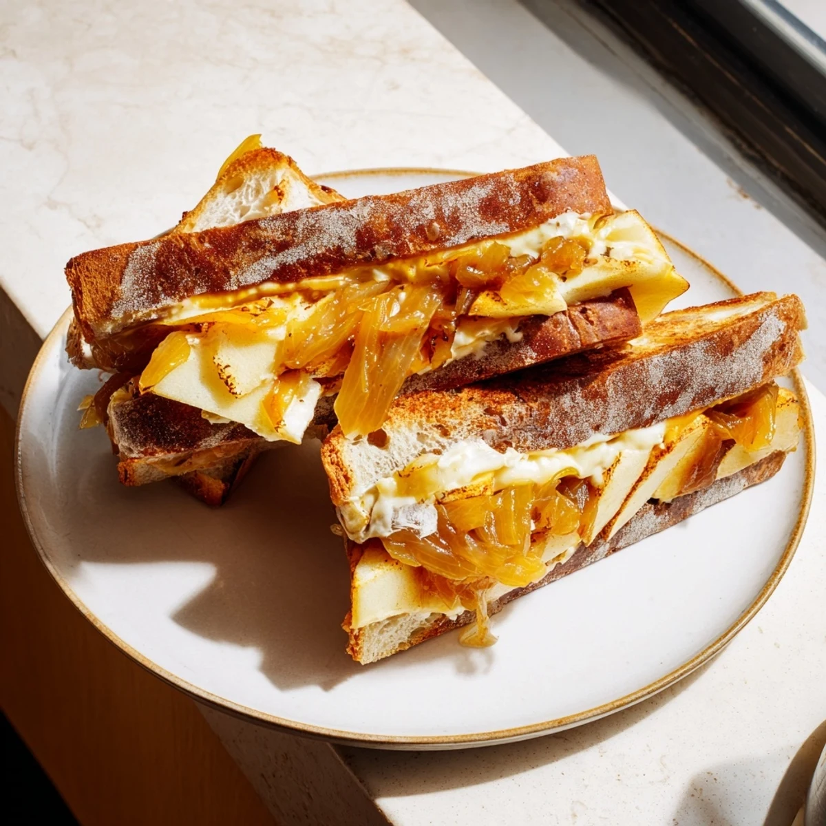 Golden, gooey Caramelized Onion, Apple & Cheddar Grilled Cheese, ready to be sliced, enjoyed!