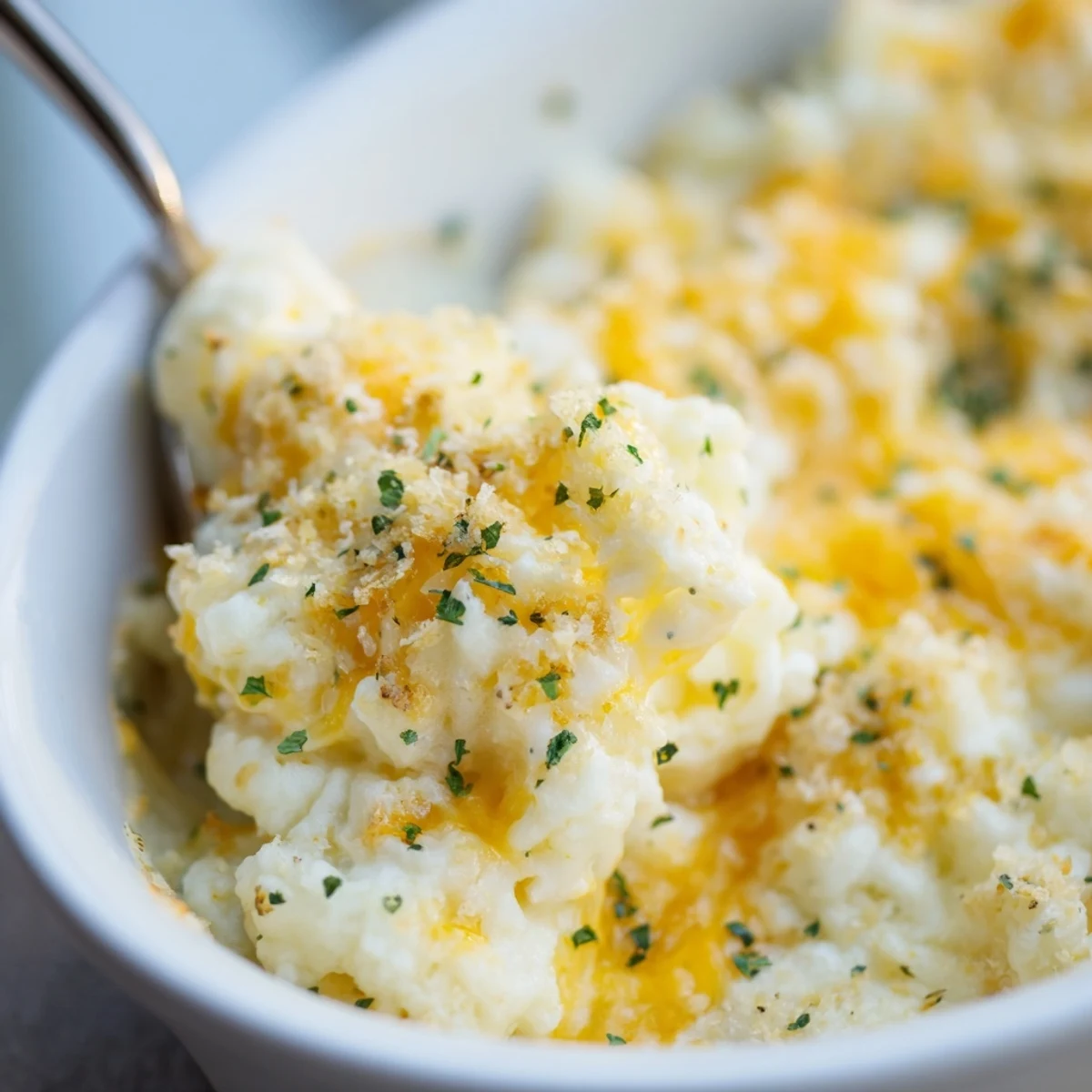 Golden-brown Lightened Mac & Cheese Snowflake Pasta Bake with a bubbly cheese sauce and crumb topping.