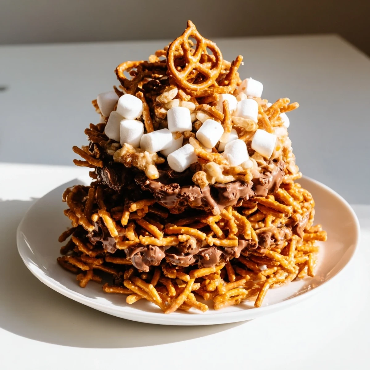 Golden-brown Haystack Candy Tower, a delightful dessert with crunchy noodles and melted butterscotch.