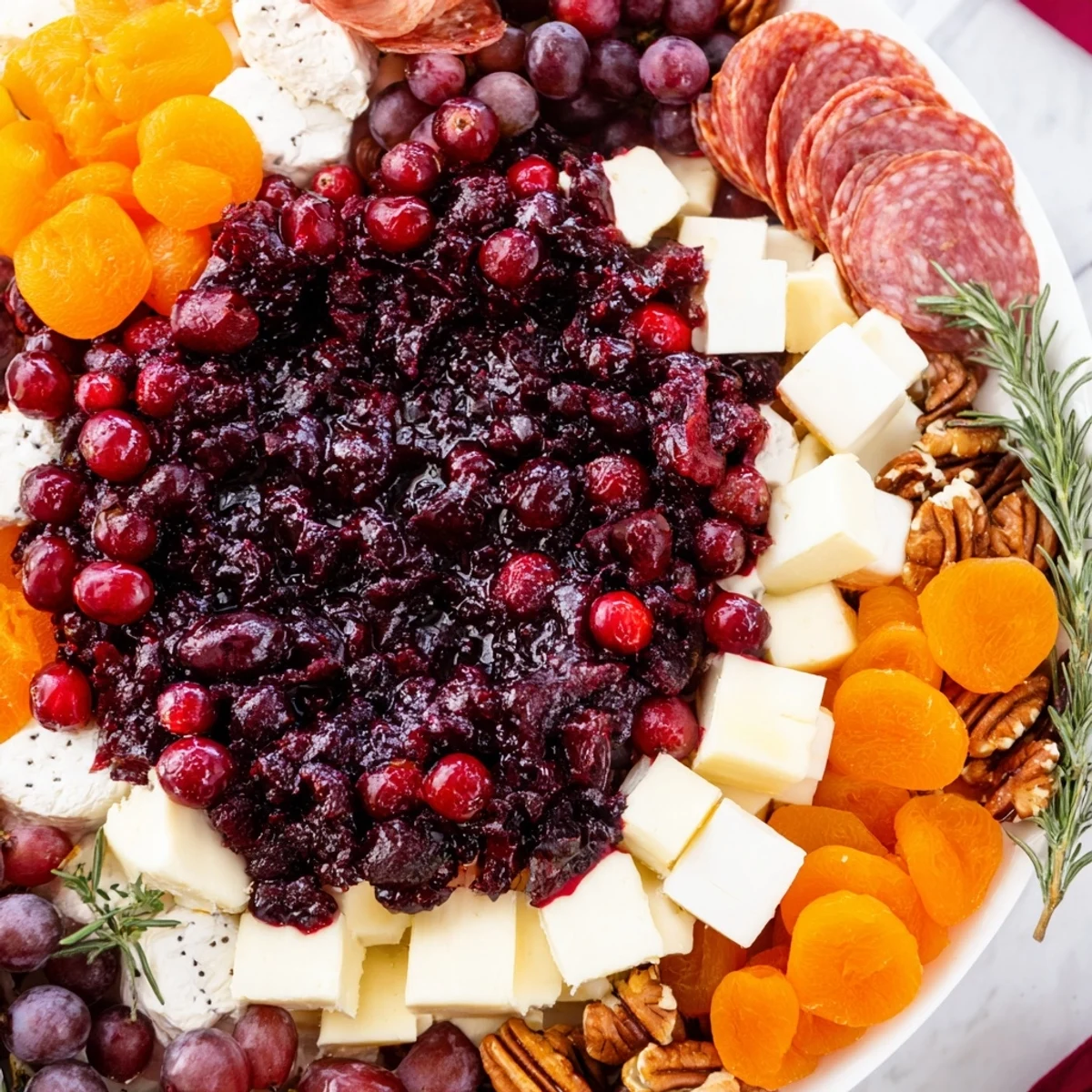 Vibrant cranberry wreath platter featuring homemade cranberry sauce and creamy cheeses ready to serve.
