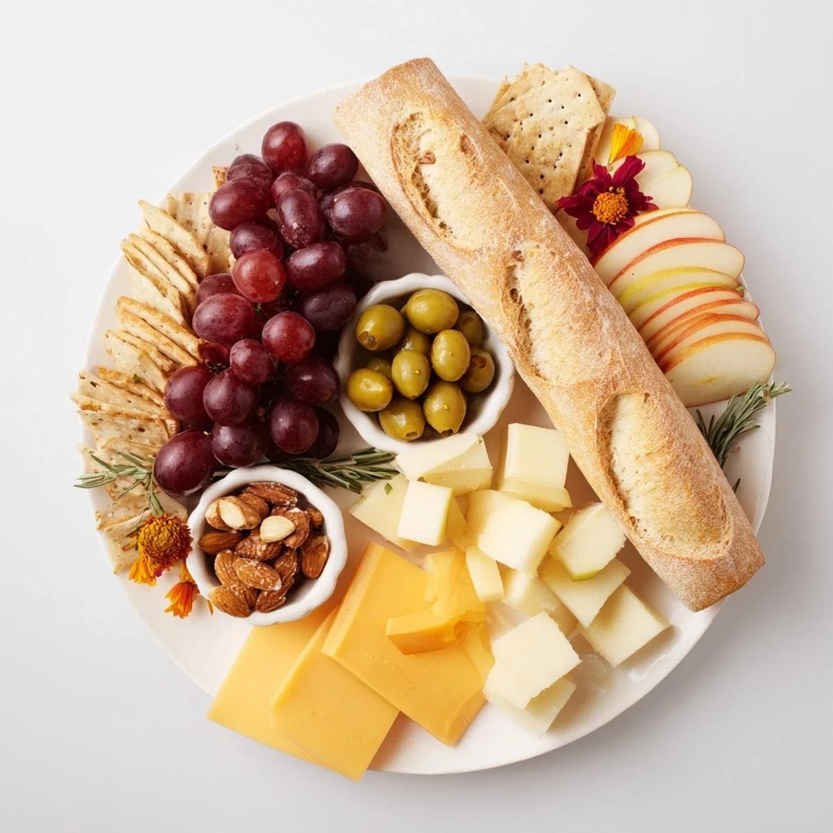 This Golden Wheat Bundle Board presents an inviting spread of crackers, cheeses, olives, and fruit for sharing.