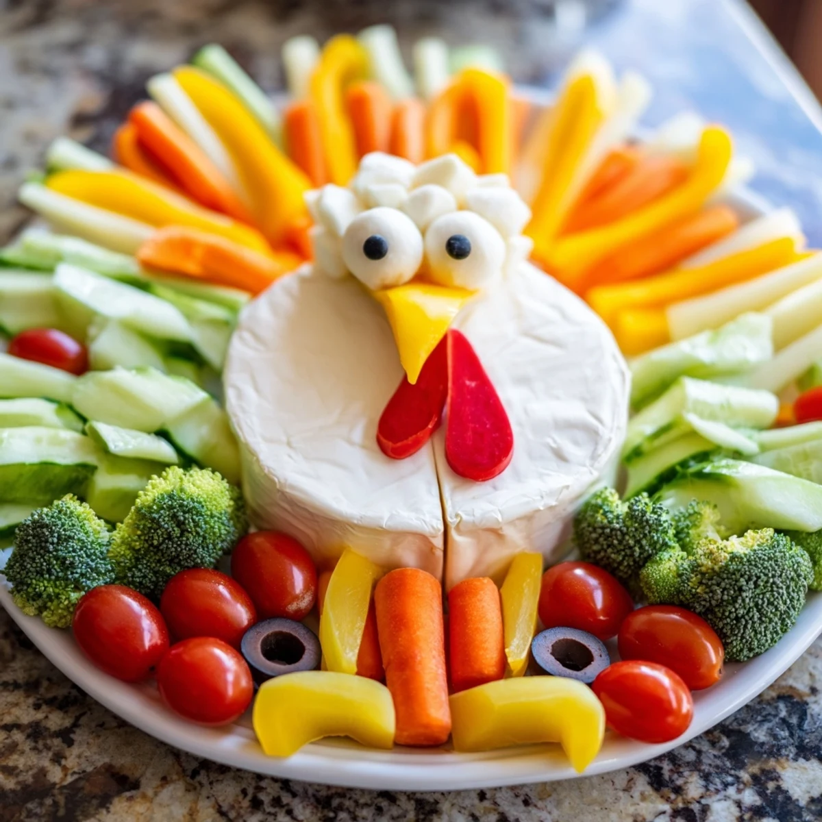 Colorful turkey-shaped appetizer featuring cheese body, veggie "feathers," fantastic for parties.