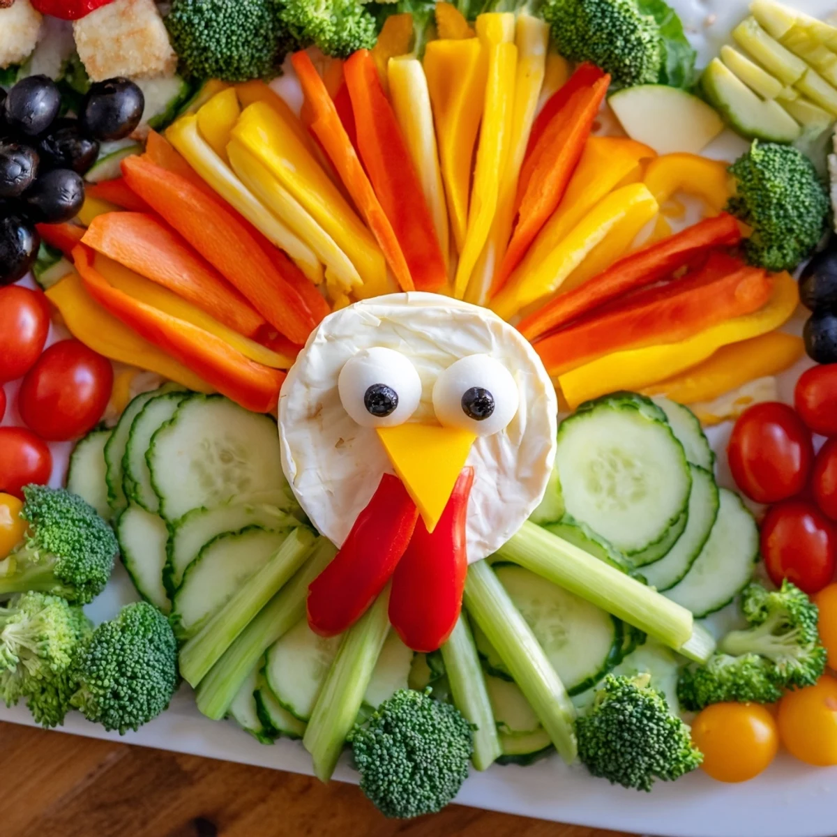 Delicious close-up of a festive turkey-shaped appetizer platter with cheese and healthy snacks.