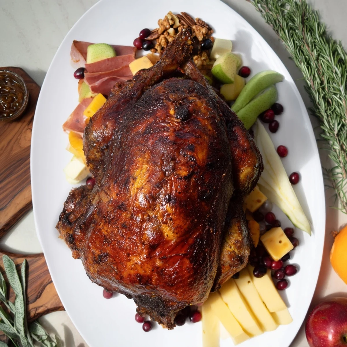 Thanksgiving Turkey Legs charcuterie board with rustic cheeses, meats, and fresh, colorful fruit.