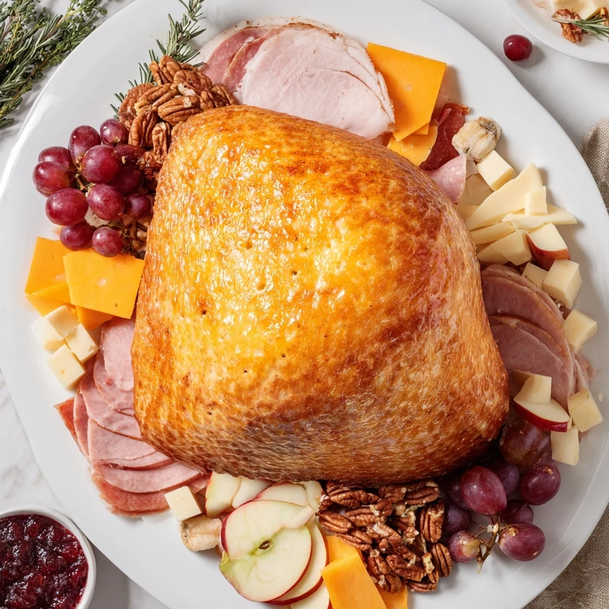 Golden-brown Thanksgiving Turkey Legs, encircled by an assortment of delicious cheeses, meats, and fruits on a platter.