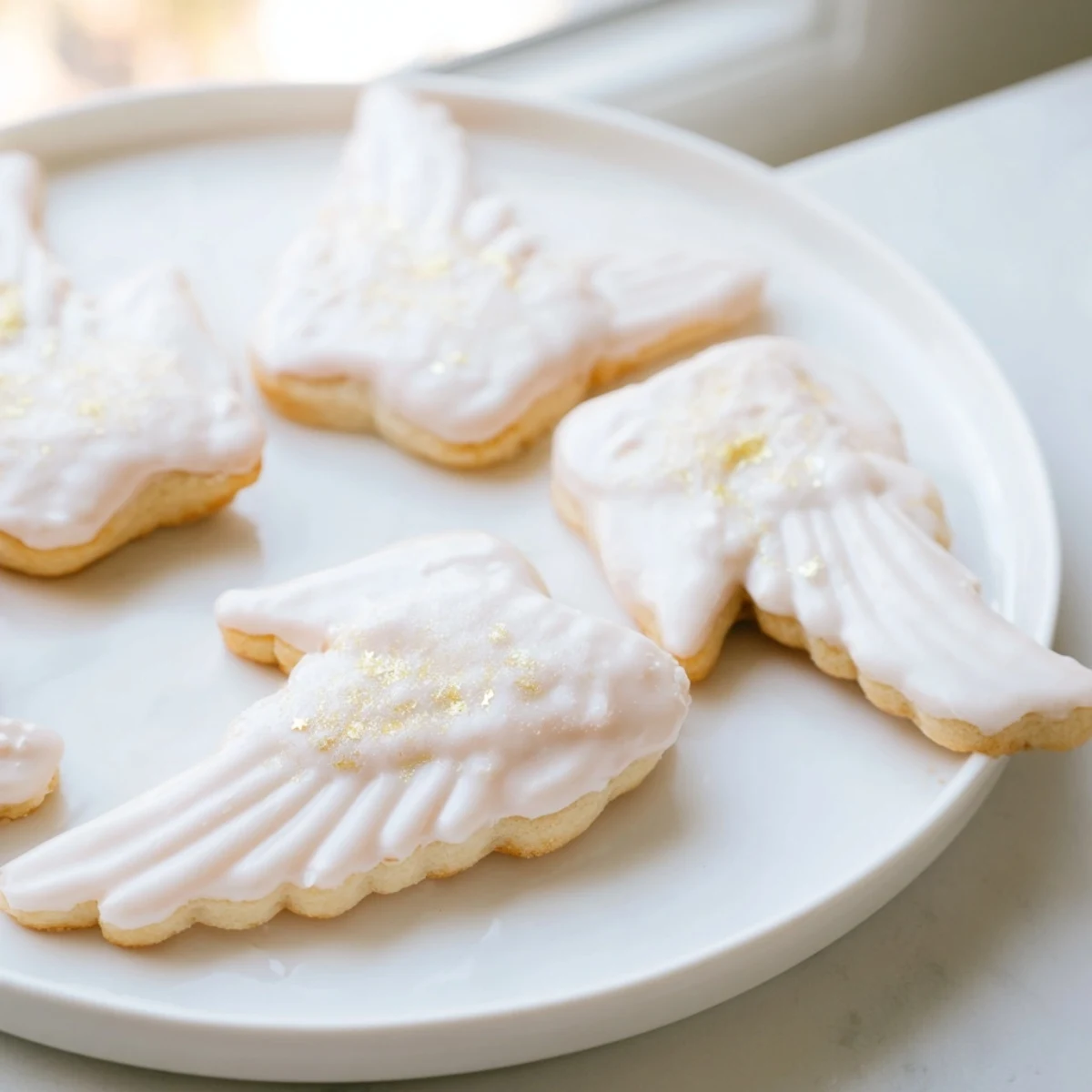 Close-up of frosted Angel Wings Sugar Cookies, showcasing the powdered sugar icing and edible glitter topping.