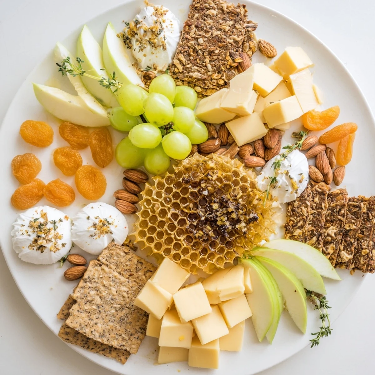 A close-up of a Busy Bee Honeycomb Snack Plate, honey glistening over assorted cheeses and fruits.