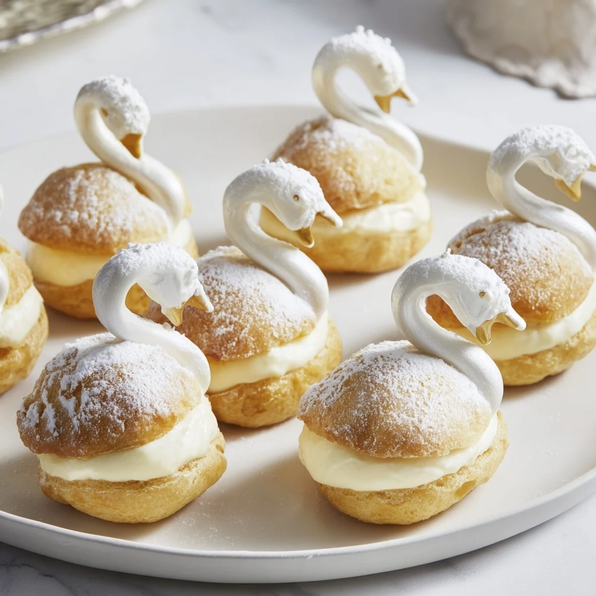 Elegant Swan Petit Fours resting on a platter, showcasing delicate choux pastry and creamy vanilla filling.