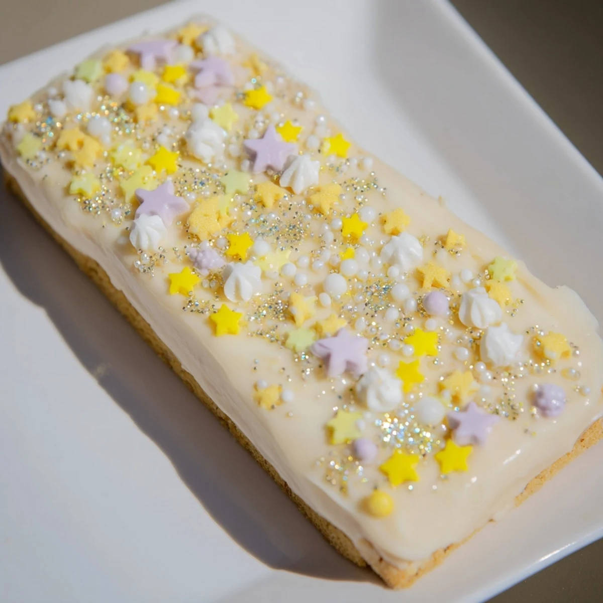 Golden, buttery Twinkle Twinkle Star Dessert Bars, frosted with creamy vanilla and sprinkled stars.