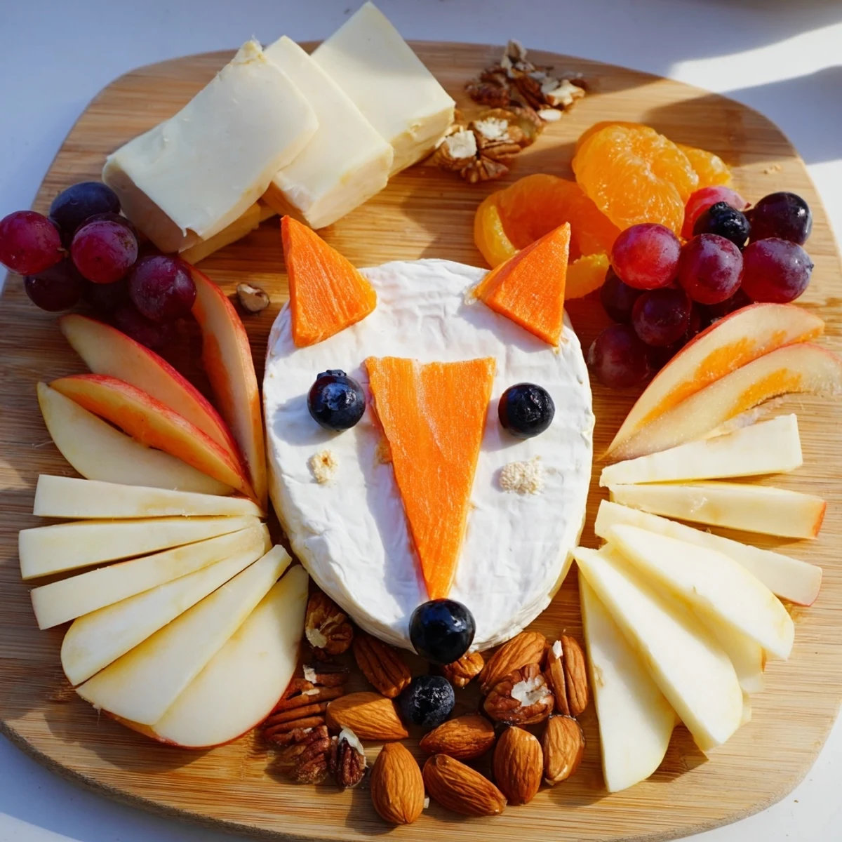 Imagine a colorful Whimsical Fox Fall Treat Board with fresh fruit and artisan cheeses ready to serve.