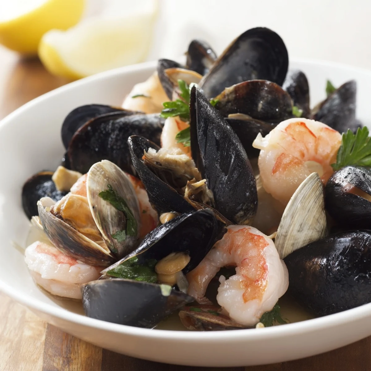 Steamy delicious Shellfish & Seafood Medley; a beautiful platter of fresh seafood with vibrant herbs and lemon wedges.