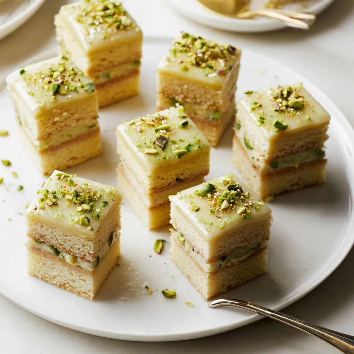 A close-up of Grenouille Royale Petits Fours shows glistening glaze and chopped pistachio garnish.