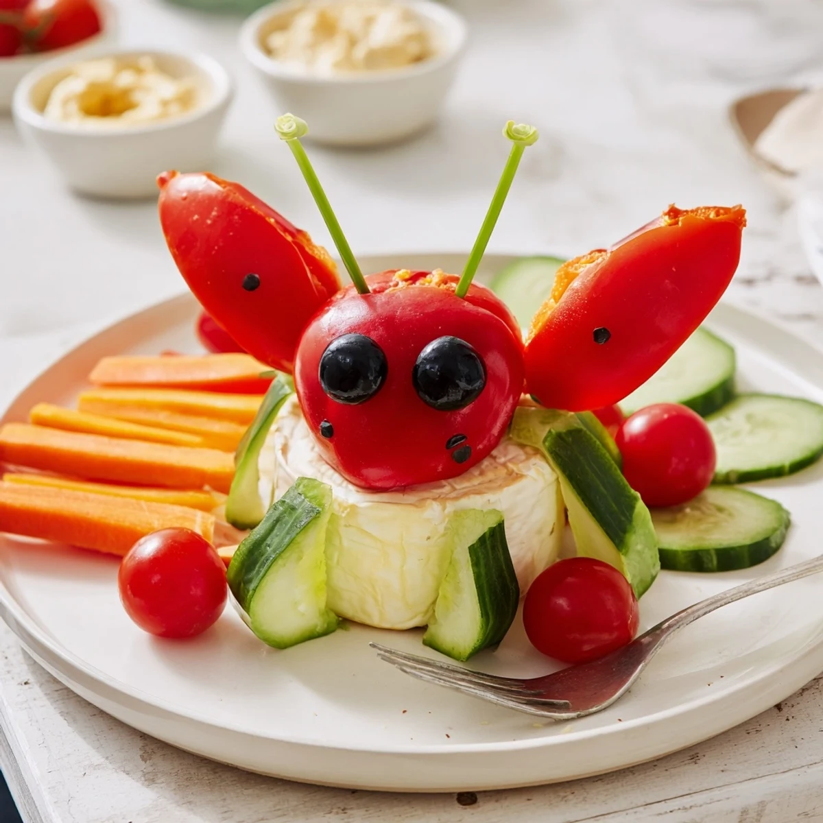 Coccinelle Amusante Planche Pique-Nique: vibrant veggie ladybug food art, ready to be enjoyed with baguette slices.