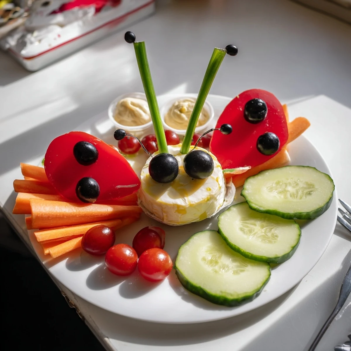 A whimsical Coccinelle Amusante Planche Pique-Nique showcases colorful vegetables and creamy dips on a picnic platter.