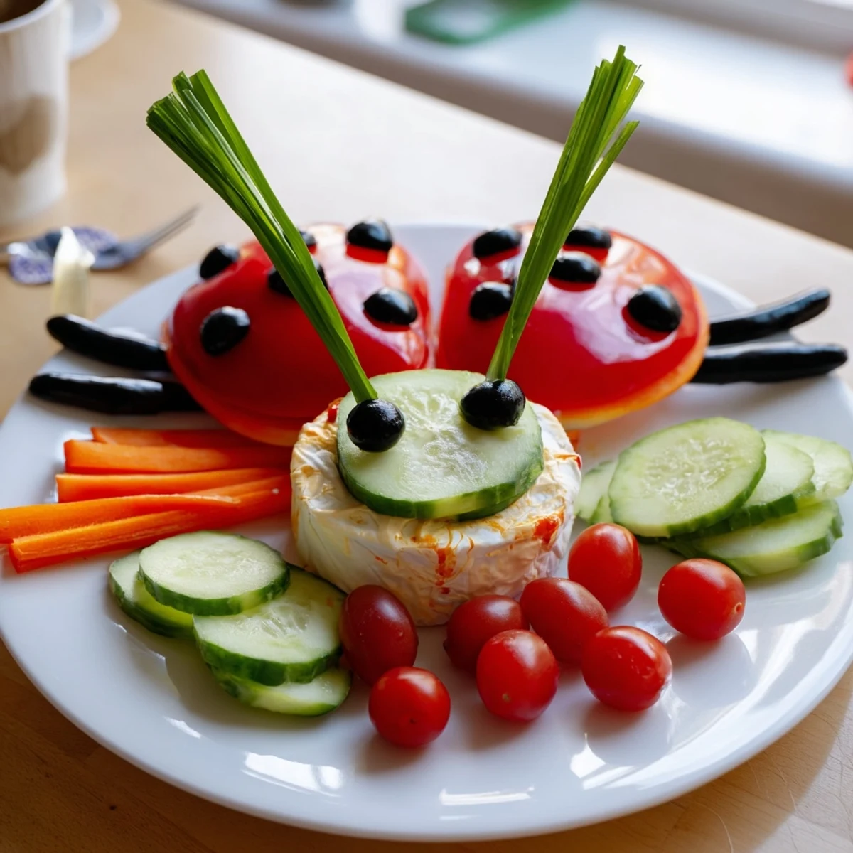 Enjoy this easy Coccinelle Amusante Planche Pique-Nique appetizer, with sliced baguette and crackers for dipping pleasure.