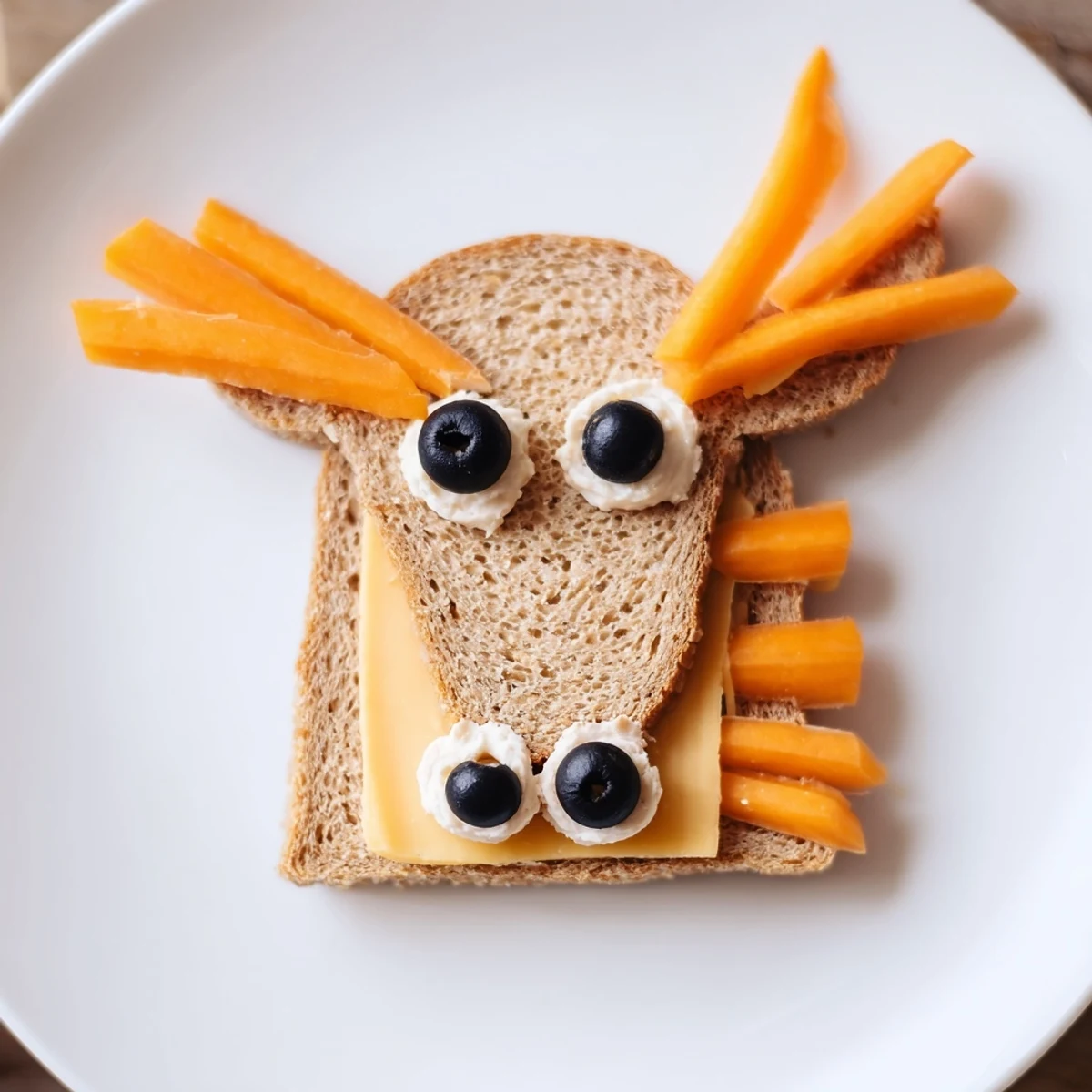 Delightful horse head sandwich cutouts, ready to eat, featuring black olive eyes and carrot manes.