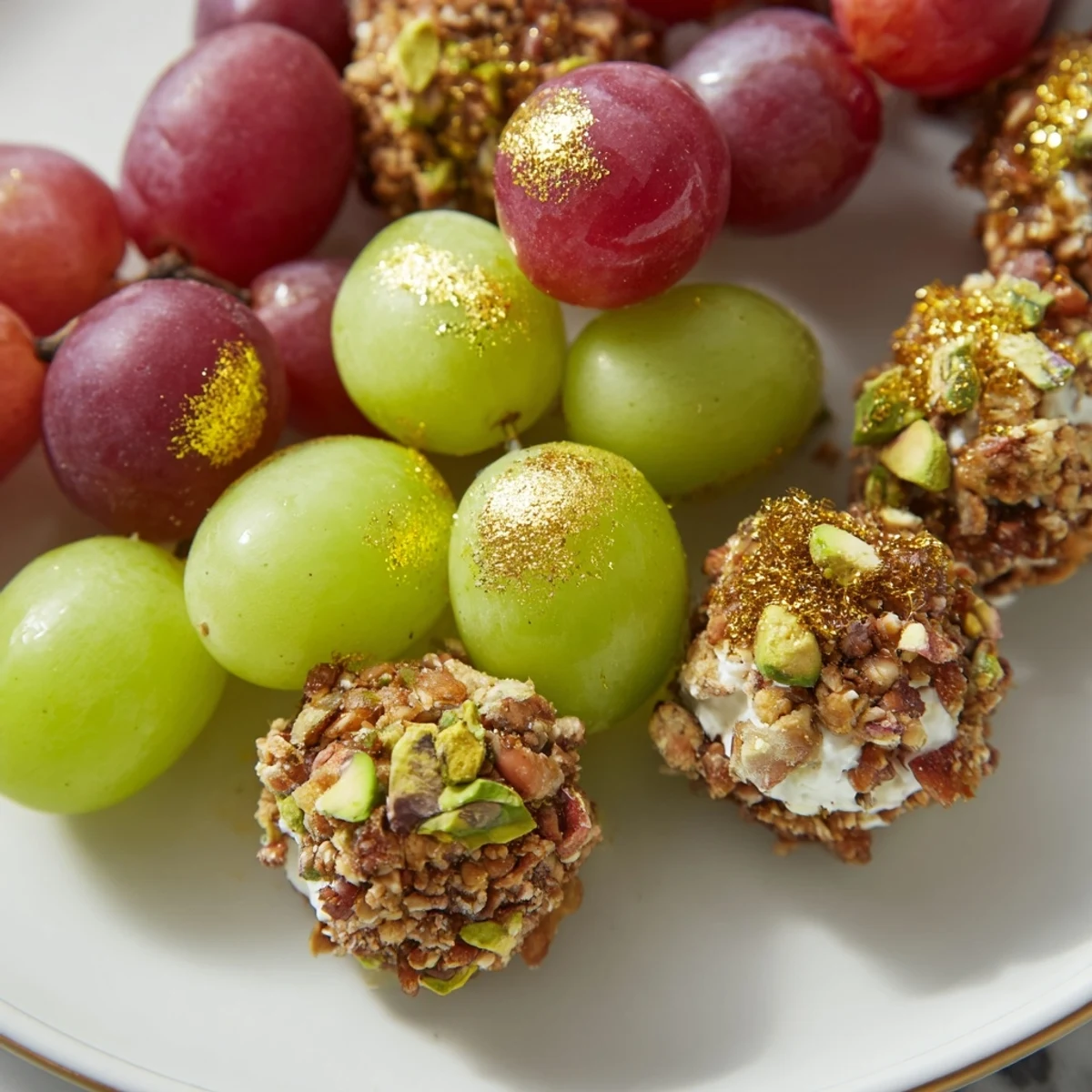 Sparkling grape cluster appetizer featuring red and green grapes, perfect for a New Year's Eve party.