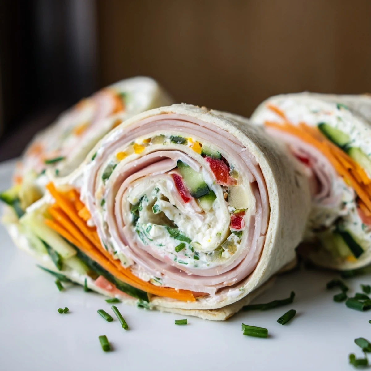 Creamy, spiral-cut Smoked Turkey Pinwheels Tree with colorful veggies, ready to serve as a holiday treat.