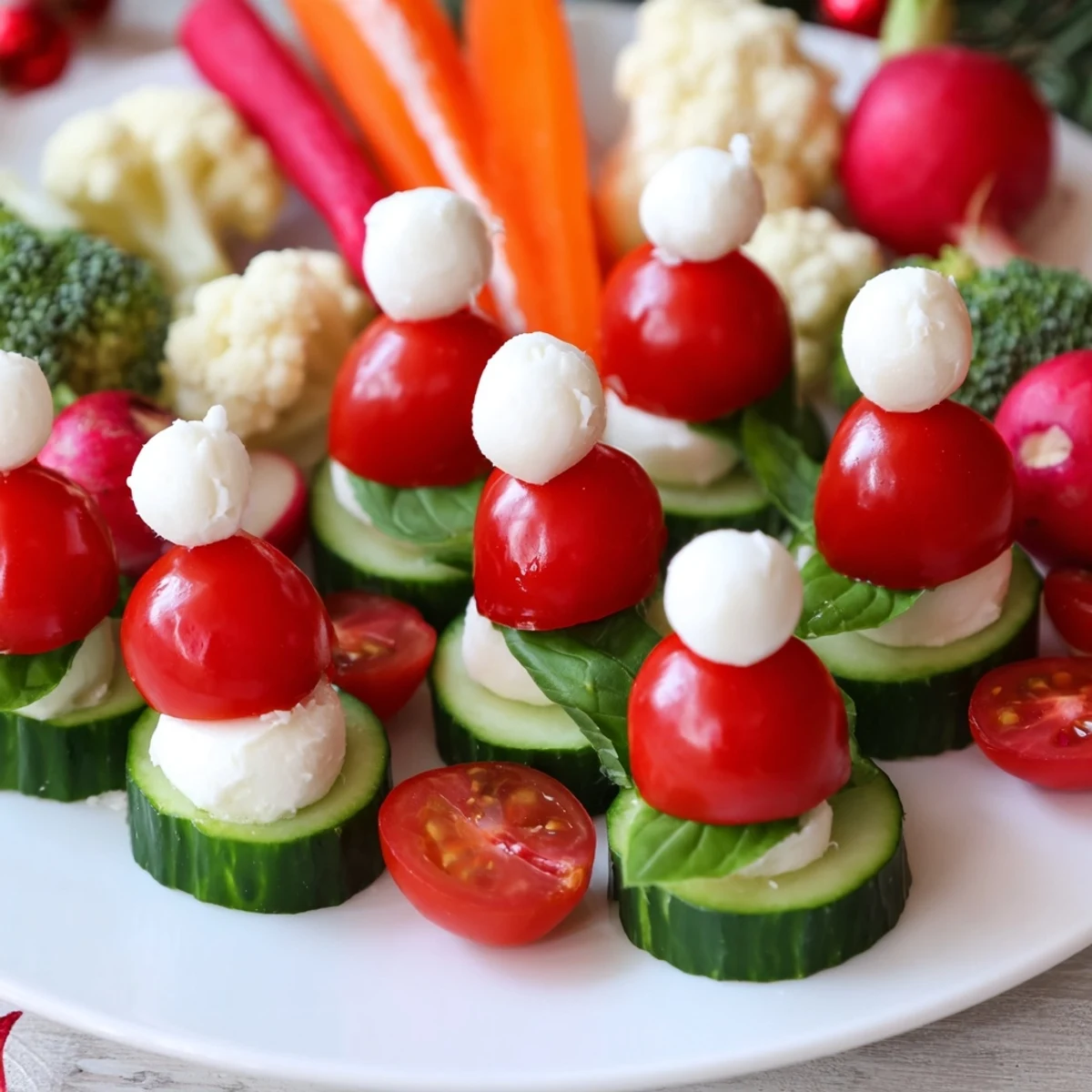 Vibrant Savory Crudités: Veggie Santa Hat Dip Platter with festive vegetable arrangements and creamy dip.